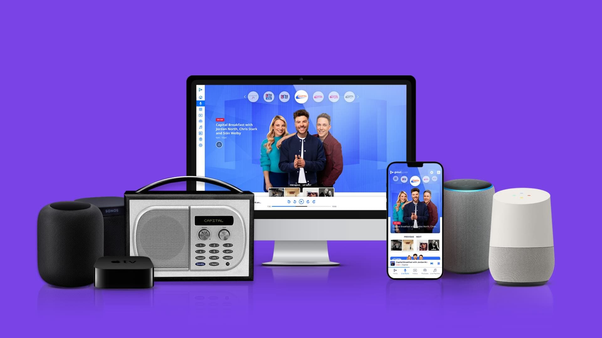 A variety of electronic devices, including a computer, phone, smart speakers, radio, and streaming box, are displayed against a purple background.